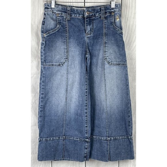 Baby Phat Denim - Baby Phat Juniors Size 5 Distressed Wide Leg Capri Blue Jeans Cat Emblem